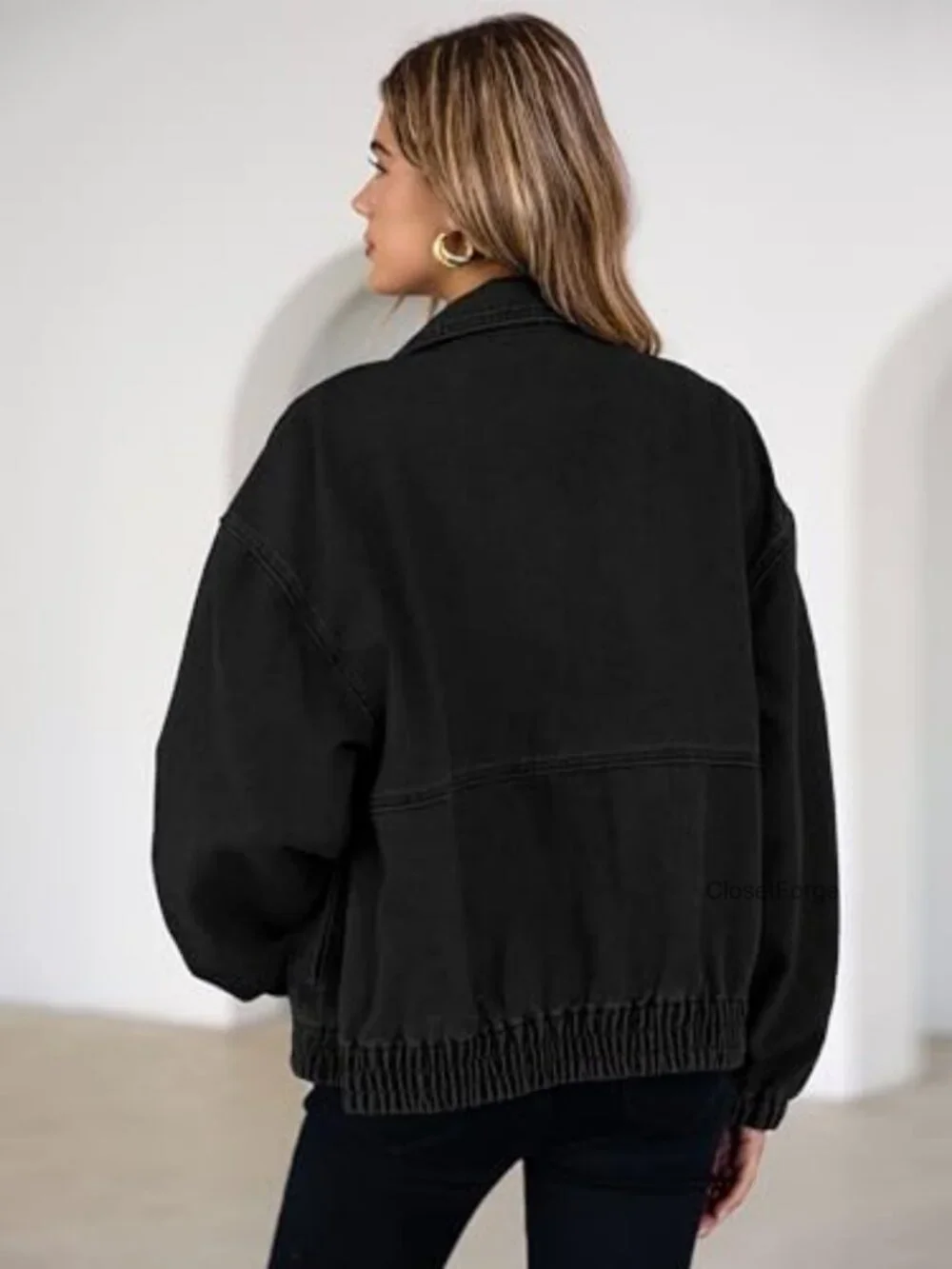 Oversized Denim Jacket Zip Up Long Sleeve Loose Fit Bomber Style